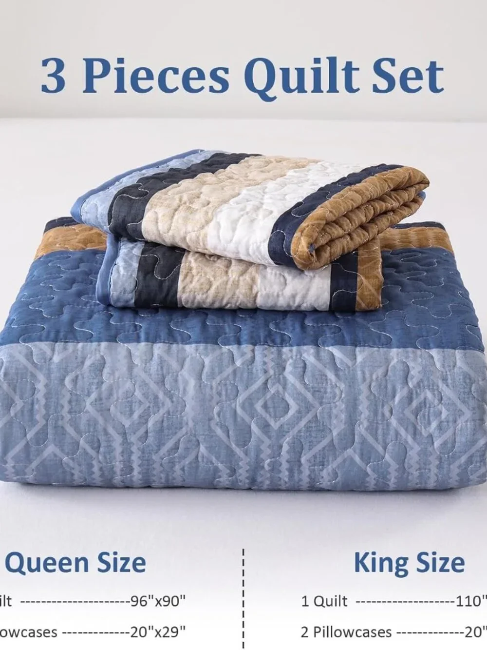 Boho Blue Striped All-Season 3-Piece Quilt Bedding Set